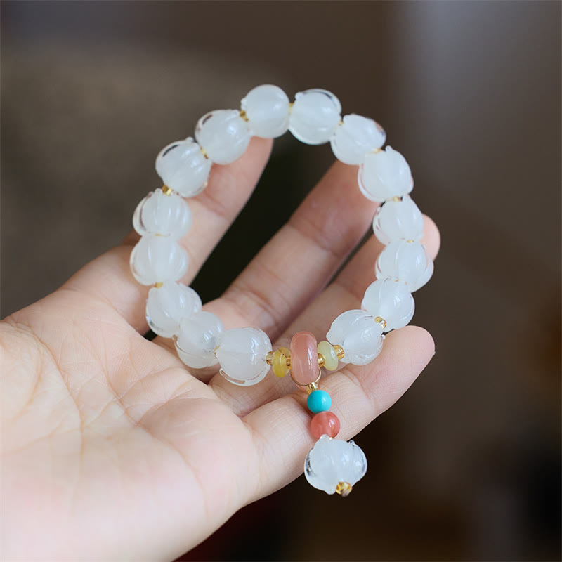 Wear FengShui Liuli Glass Bead Lotus Design Fluorite Ivory Fruit Dancing Lion Charm Enlightenment Bracelet