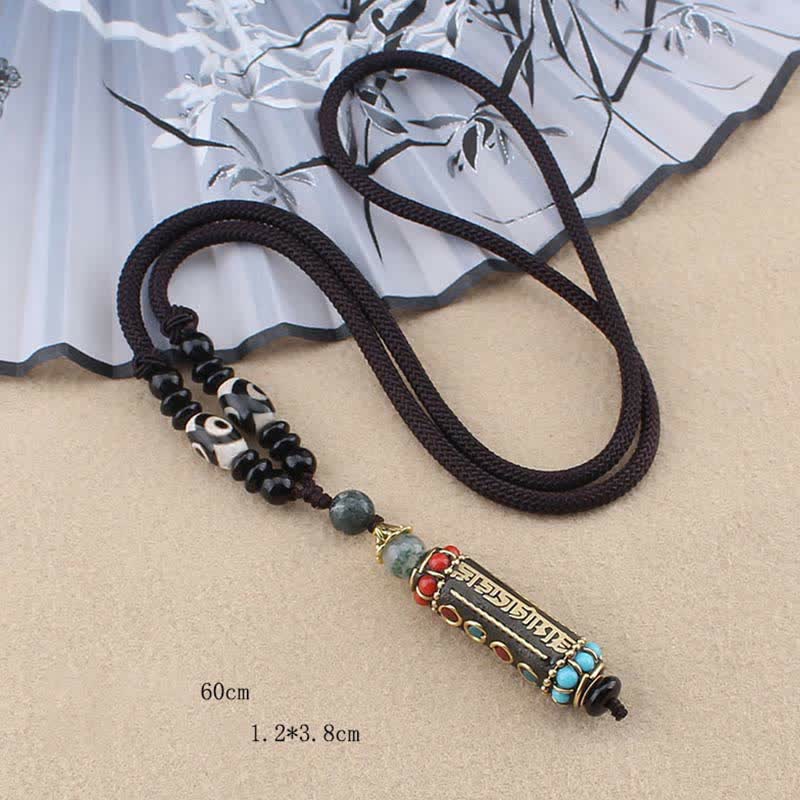 Wear FengShui Tibetan Om Mani Padme Hum Dzi Bead Wenge Wood Necklace Pendant