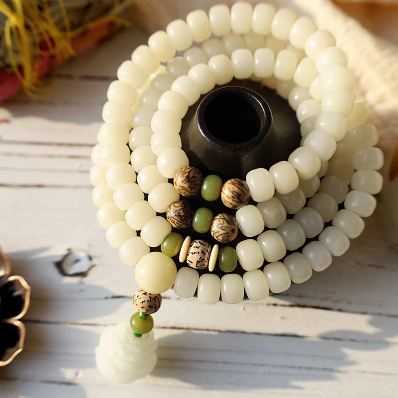 Wear FengShui White Jade Bodhi Lotus Mala Harmony Necklace Bracelet