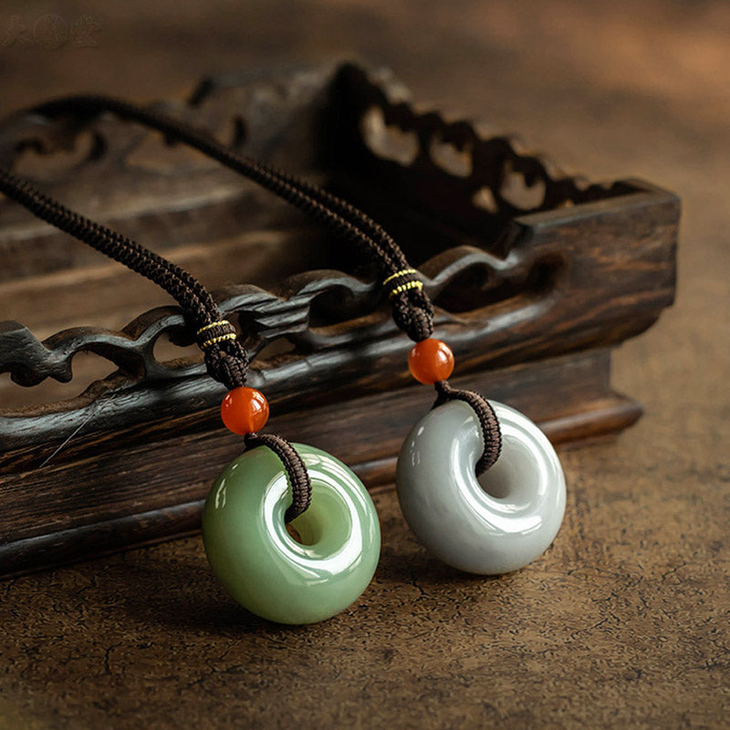 Wear FengShui Natural Round Jade Gray Jade Peace Buckle Luck Necklace Pendant