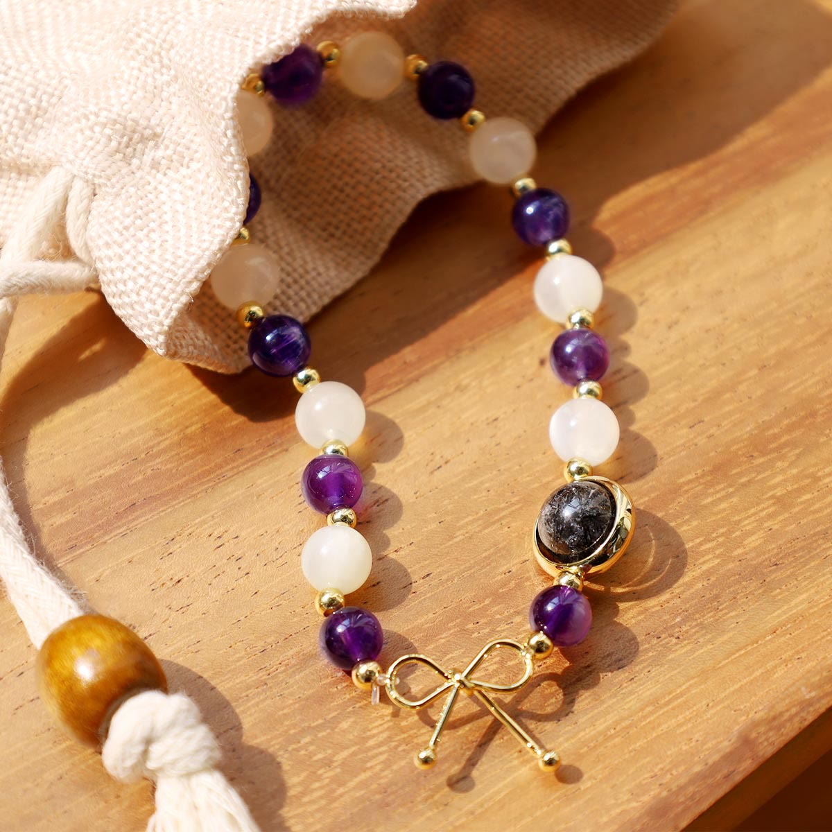 Wear FengShui Amethyst Cat Eye Black Rutilated Quartz Spiritual Bead Bracelet