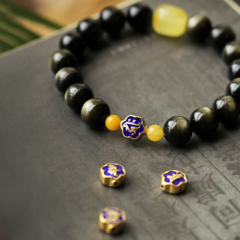 Wear FengShui 925 Sterling Silver Chinese Zodiac Natal Buddha Natural Gold Sheen Obsidian Amber Wealth Protection Bracelet
