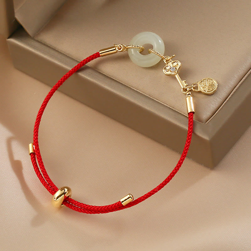 Wear FengShui 18K Gold Plated Hetian Jade Peace Buckle Fu Character Luck Red Rope Bracelet