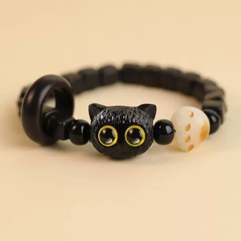 Wear FengShui Cute Ebony Wood Cat Head Pattern Peace Bracelet