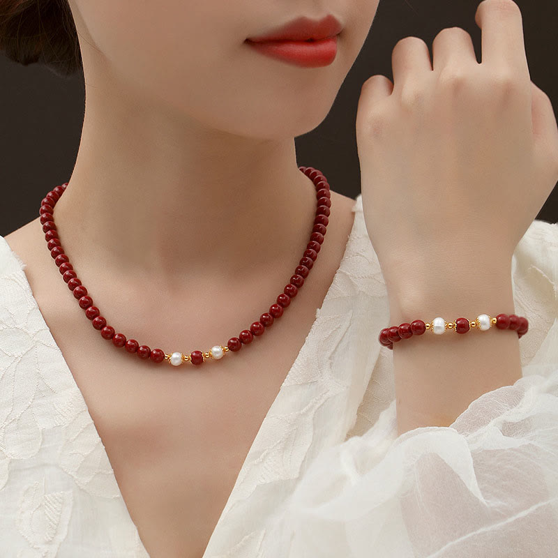 Wear FengShui 925 Sterling Silver Natural Cinnabar Pearl Blessing Necklace Pendant Bracelet Earrings Jewelry Set