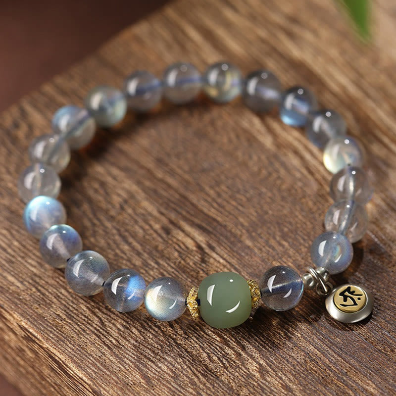Wear FengShui Chinese Zodiac Natal Buddha 925 Sterling Silver Natural Moonstone Hetian Jade Positive Bracelet