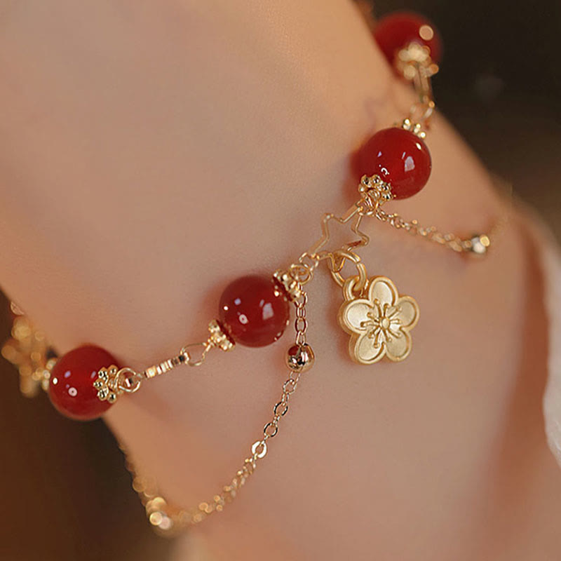 Wear FengShui 14k Gold Plated Red Agate Star Flower Charm Calm Bracelet