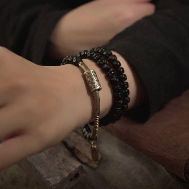 Wear FengShui Retro Coconut Shell Brass Copper Happiness Triple Wrap Bracelet