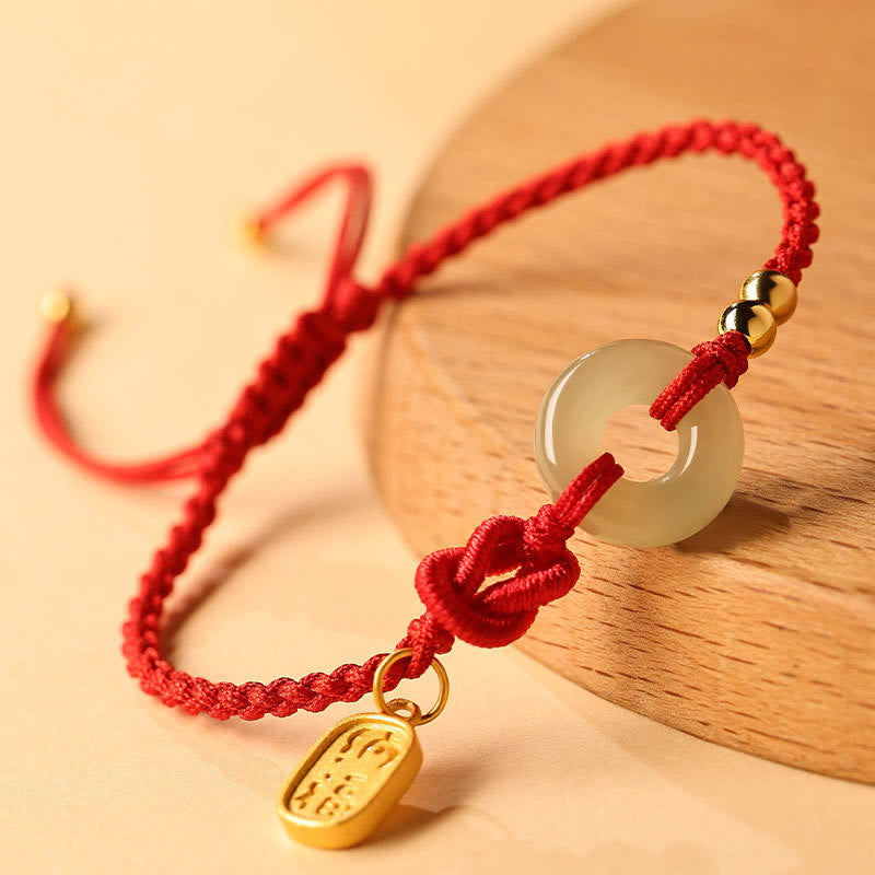 Wear FengShui Hetian Jade Peace Buckle Fu Character String Luck Bracelet