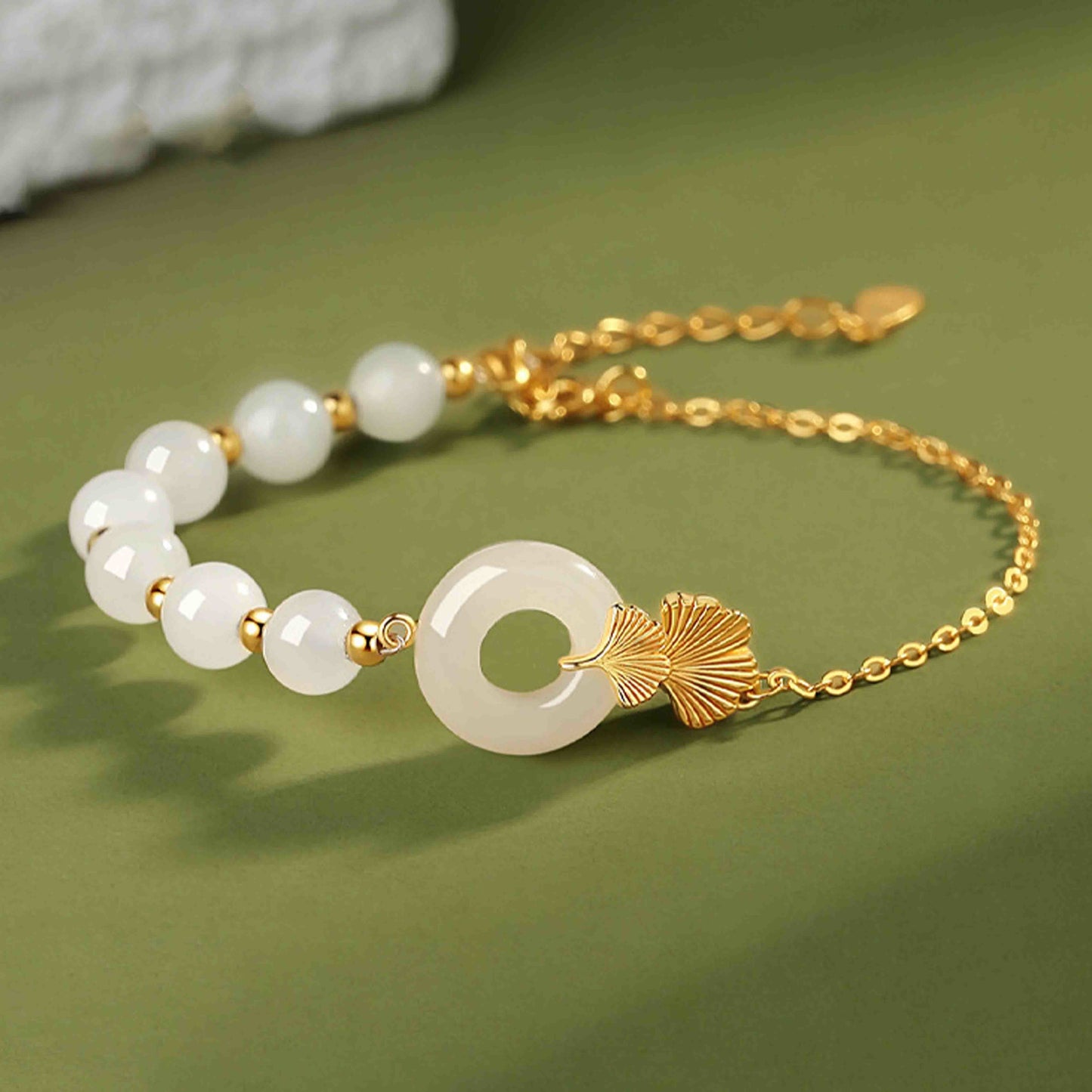 Wear FengShui 925 Sterling Silver Hetian White Jade Peace Buckle Ginkgo Leaf Luck Bracelet