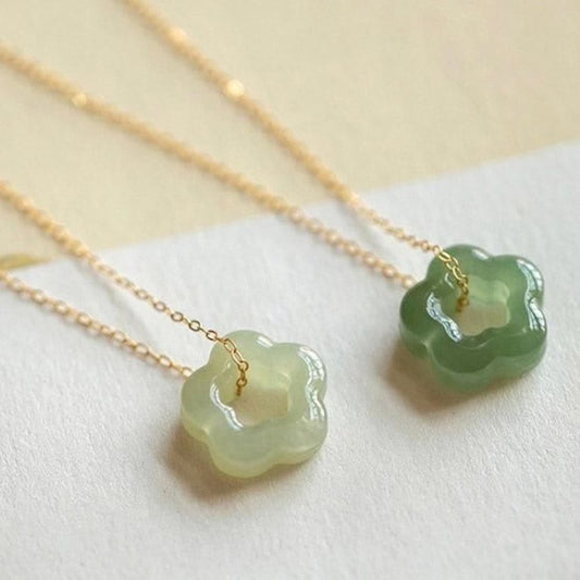 Wear FengShui Dainty Hetian Jade Cyan Jade Luck Floral Charm Necklace Pendant
