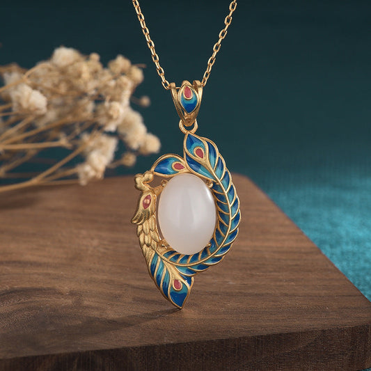 Wear FengShui White Jade Peacock Copper Blessing Necklace Pendant