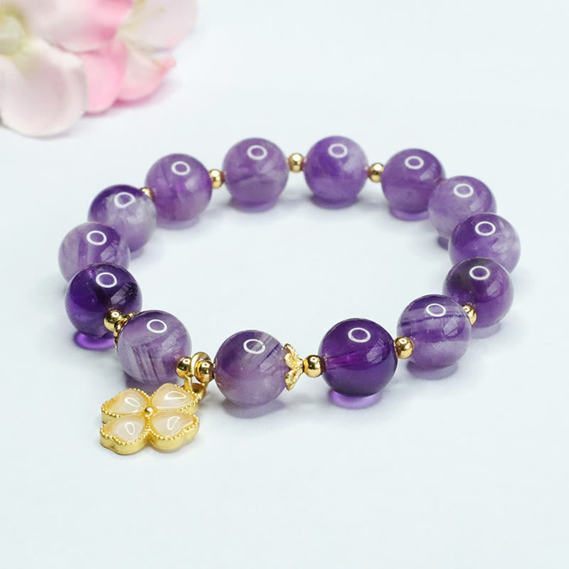 Wear FengShui Natural Amethyst Crystal Inner Peace Four Leaf Clover Charm Bracelet
