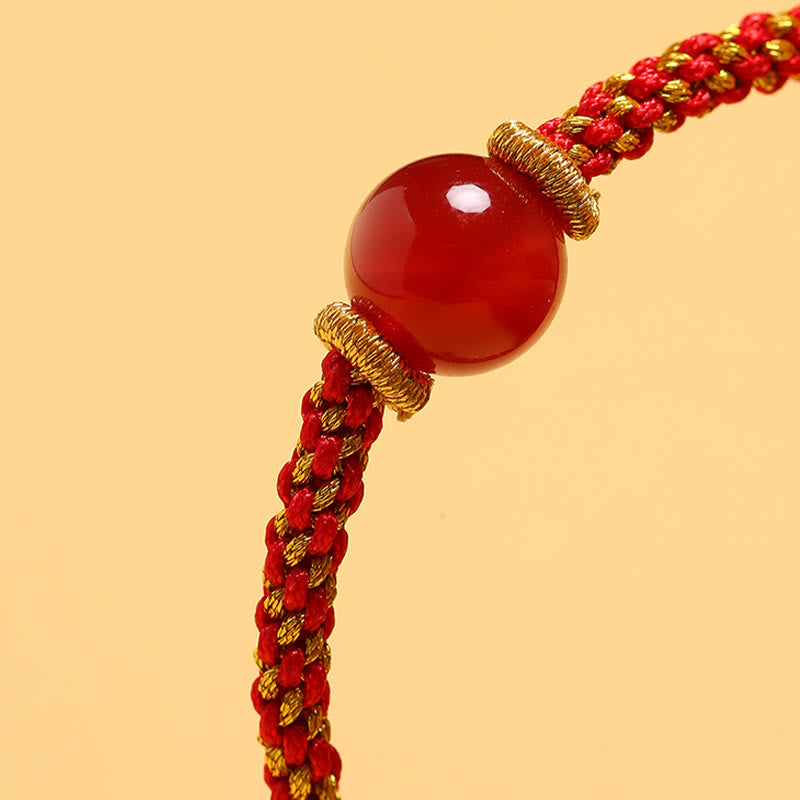 Wear FengShui Handmade Red Agate Amethyst Golden Rutilated Quartz Pink Crystal Bead Calm Braided Bracelet