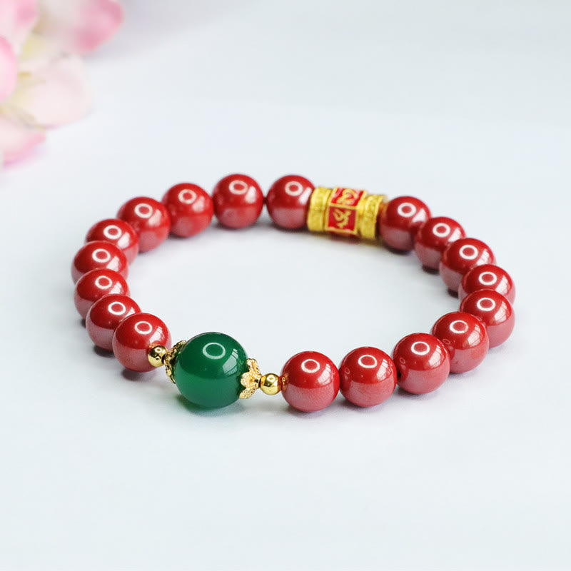 Wear FengShui Natural Cinnabar Green Agate Om Mani Padme Hum Pattern Blessing Bracelet