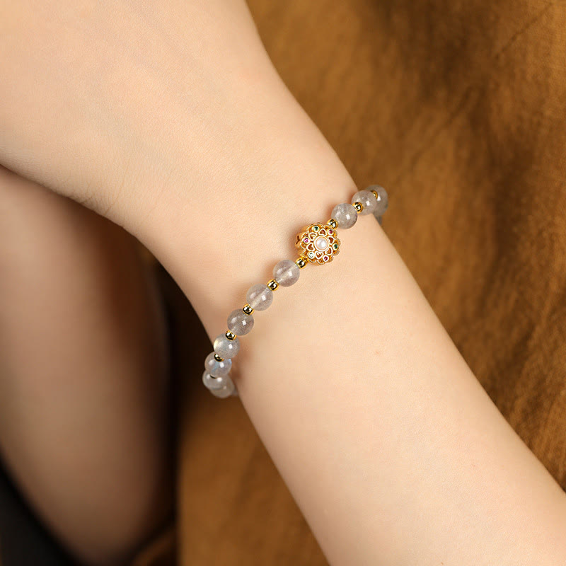 Wear FengShui 14K Gold Plated Natural Strawberry Quartz Labradorite Sun Stone Fu Character Positive Charm Bracelet