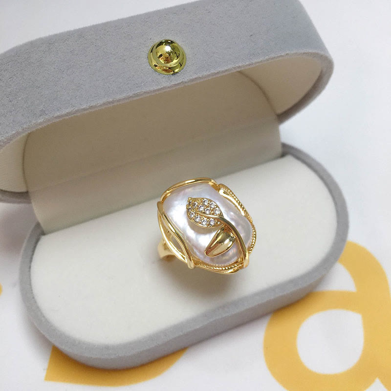 Wear FengShui Pearl Copper Plated Gold Flower Happiness Wealth Ring