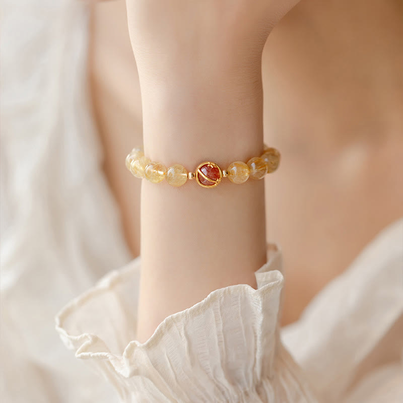 Wear FengShui Golden Rutilated Quartz Strawberry Quartz Star Protection Bracelet