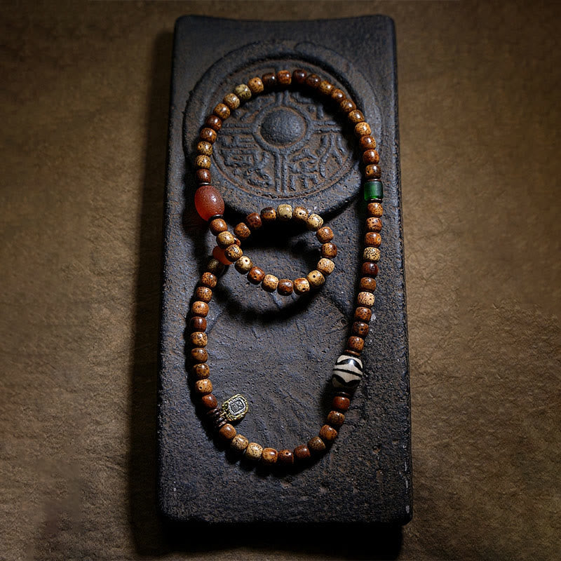 Wear FengShui Tibetan Bodhi Seed Amber Dzi Bead Agate Zakiram Goddess of Wealth Beads Triple Wrap Bracelet