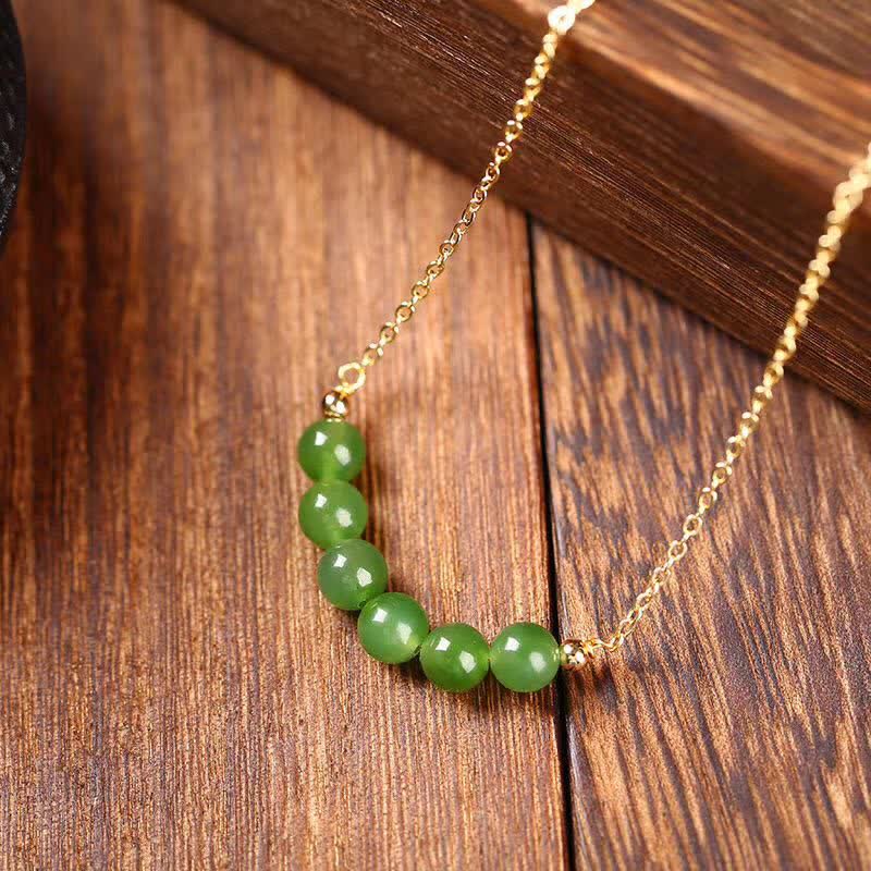 Wear FengShui 14k Gold Plated Hetian Cyan Jade Beaded Luck Necklace Pendant