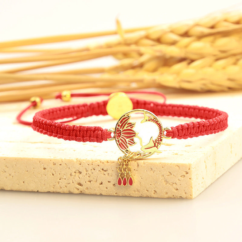Wear FengShui Tibetan Handmade Lotus Koi Fish Lucky Red String Bracelet