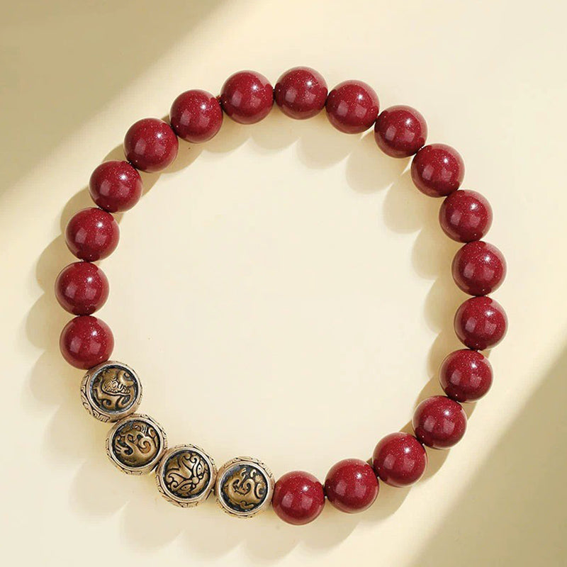 Wear FengShui 925 Sterling Silver Natural Cinnabar Four Beasts Blessing Bracelet