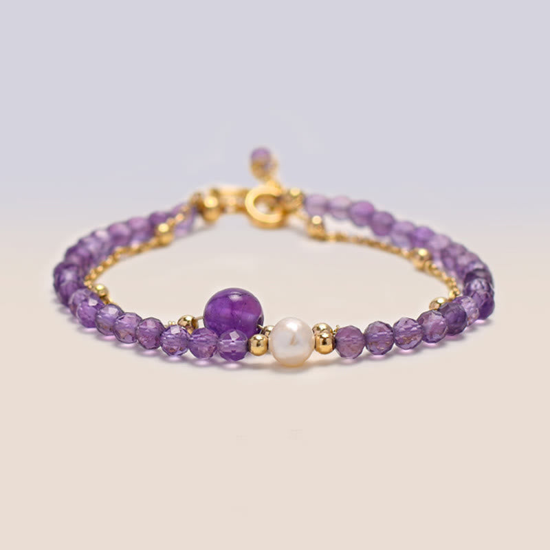 Wear FengShui 14K Gold Plated Amethyst Crystal Healing Double Layer Chain Bracelet