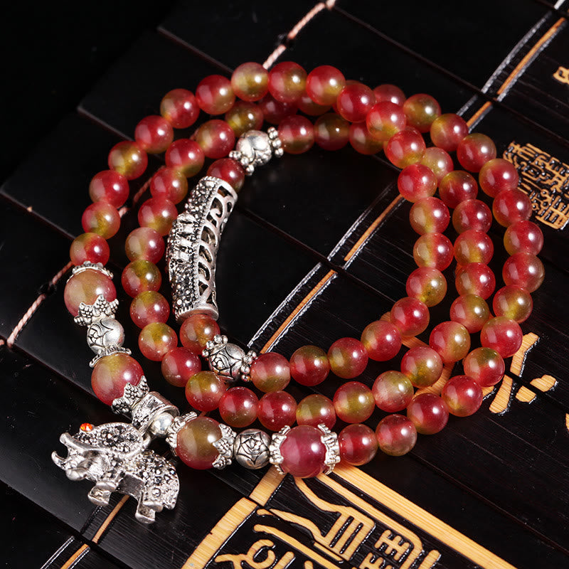 Wear FengShui Natural Watermelon Tourmaline PiXiu Elephant Positive Triple Wrap Bracelet