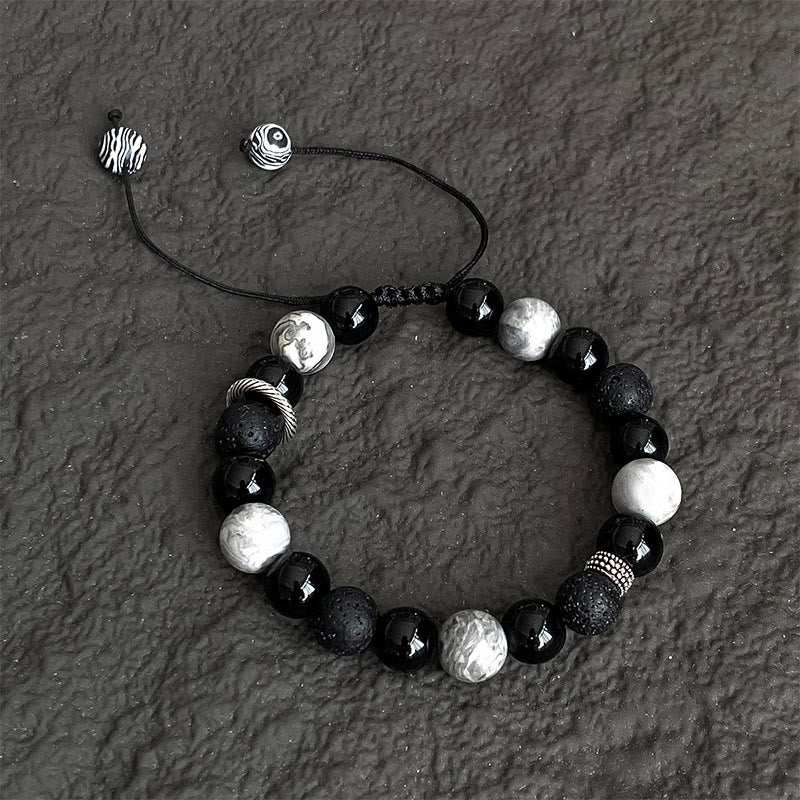 Wear FengShui Vintage Lava Rock Black Obsidian Picasso Jasper Beads Support Rope Bracelet