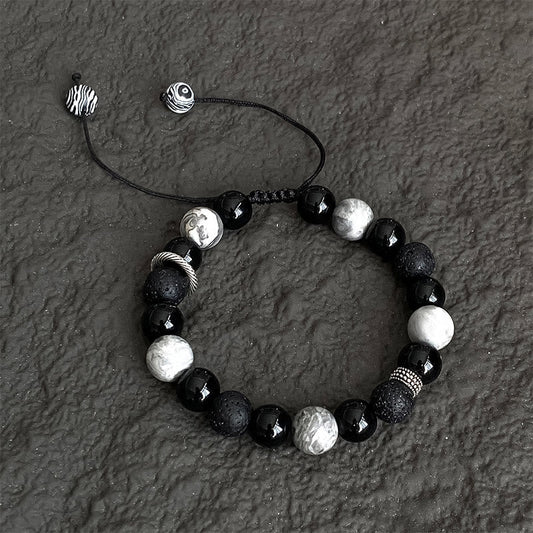 Wear FengShui Vintage Lava Rock Black Obsidian Picasso Jasper Beads Support Rope Bracelet