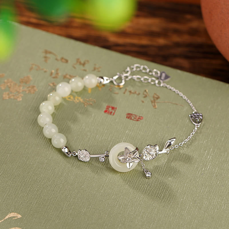 Wear FengShui 925 Sterling Silver Hetian Jade Peace Buckle Lotus Luck Chain Bracelet