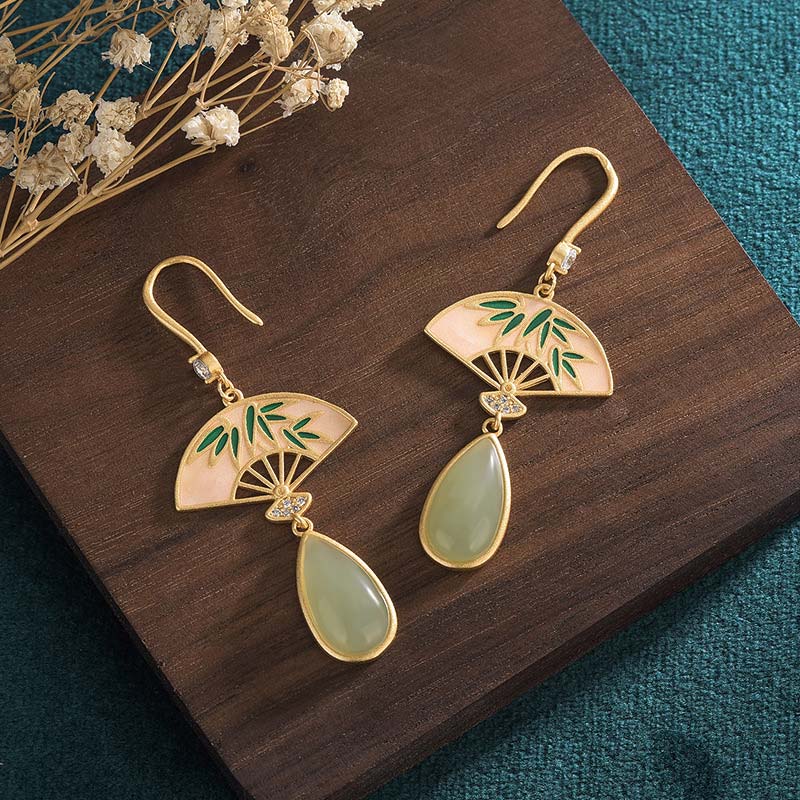 Wear FengShui Natural Green Aventurine Fan Pattern Luck Drop Earrings