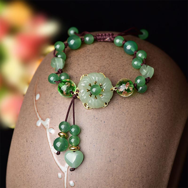 Wear FengShui Natural Green Jade Luck Dangling Flower Bracelet