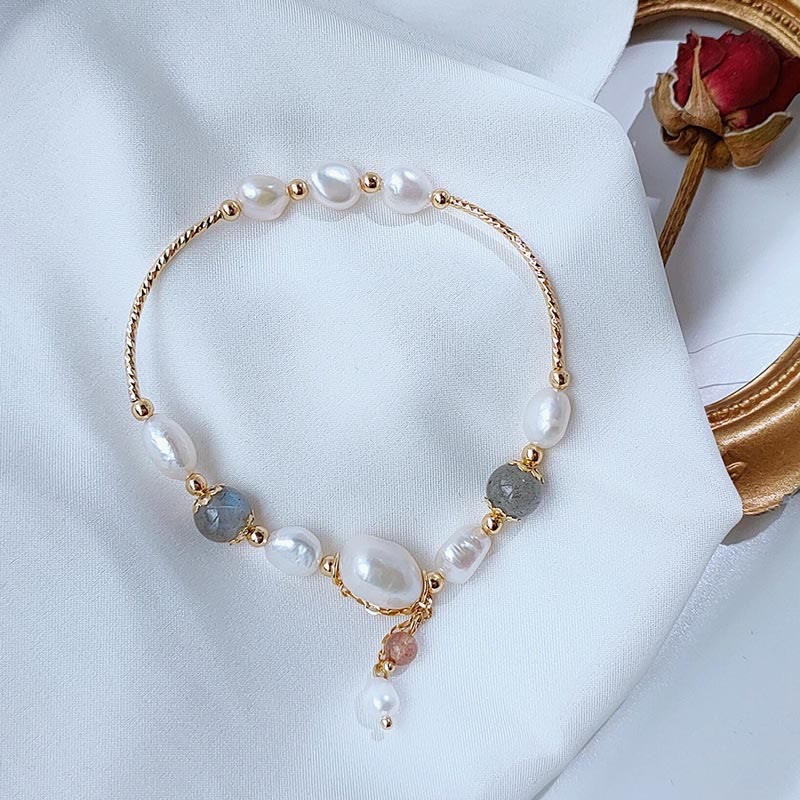 Wear FengShui Pearl Moonstone Strawberry Quartz Bead Optimism Bracelet