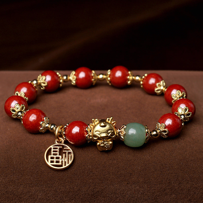 Wear FengShui Year of the Dragon Natural Cinnabar Fu Character Charm Blessing Bracelet