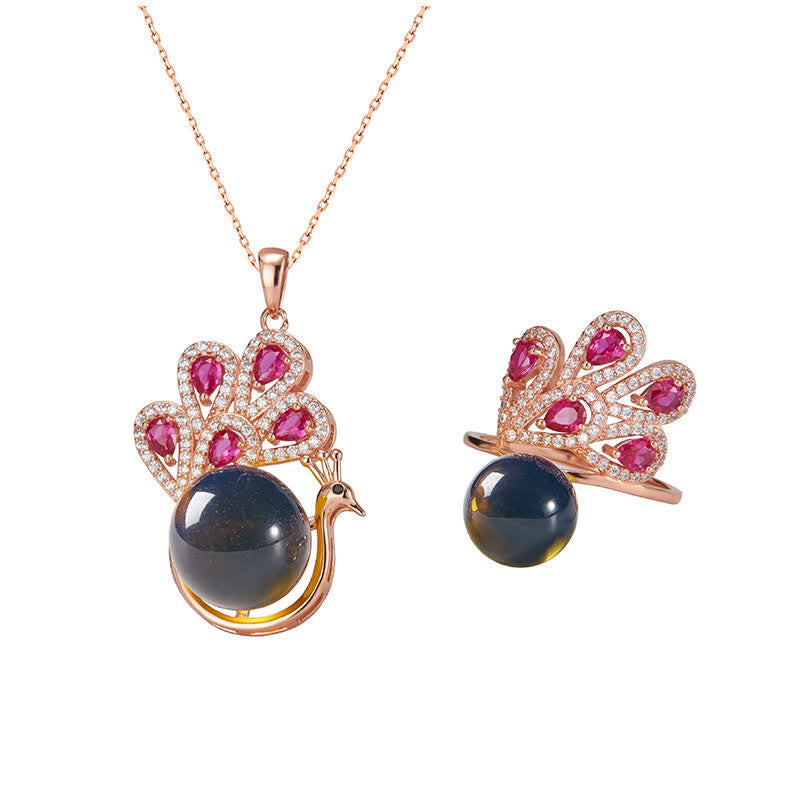 Wear FengShui Peacock Amber Fortune Love Necklace Pendant Ring