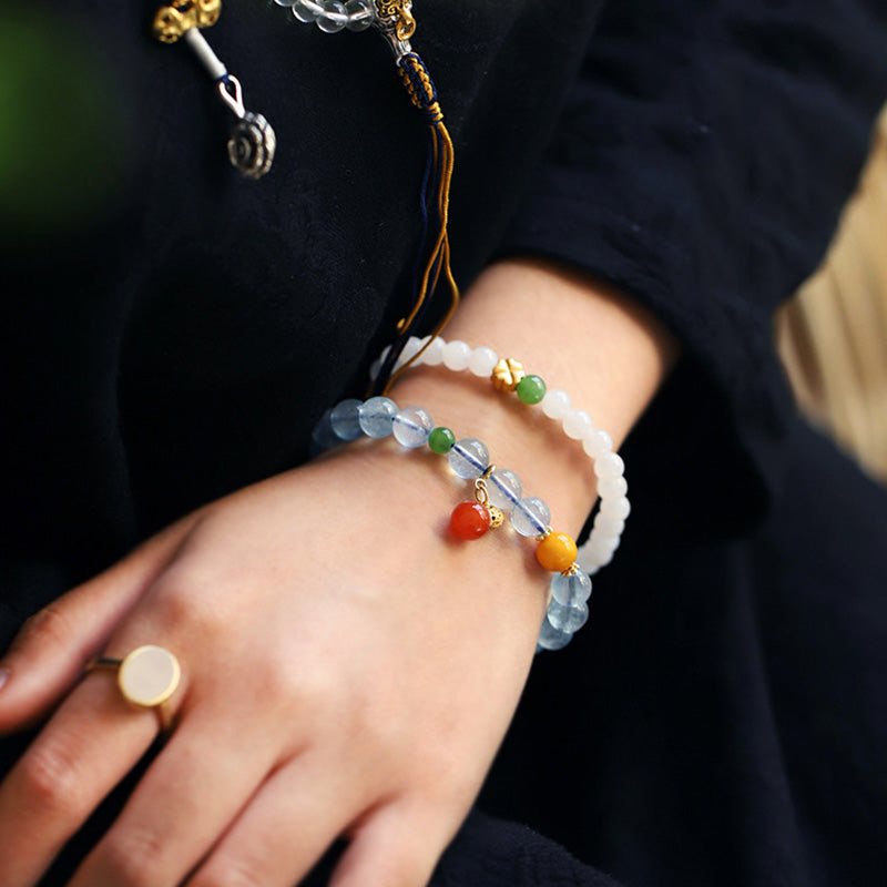 Wear FengShui Aquamarine Red Agate Peace Gourd Charm Bracelet