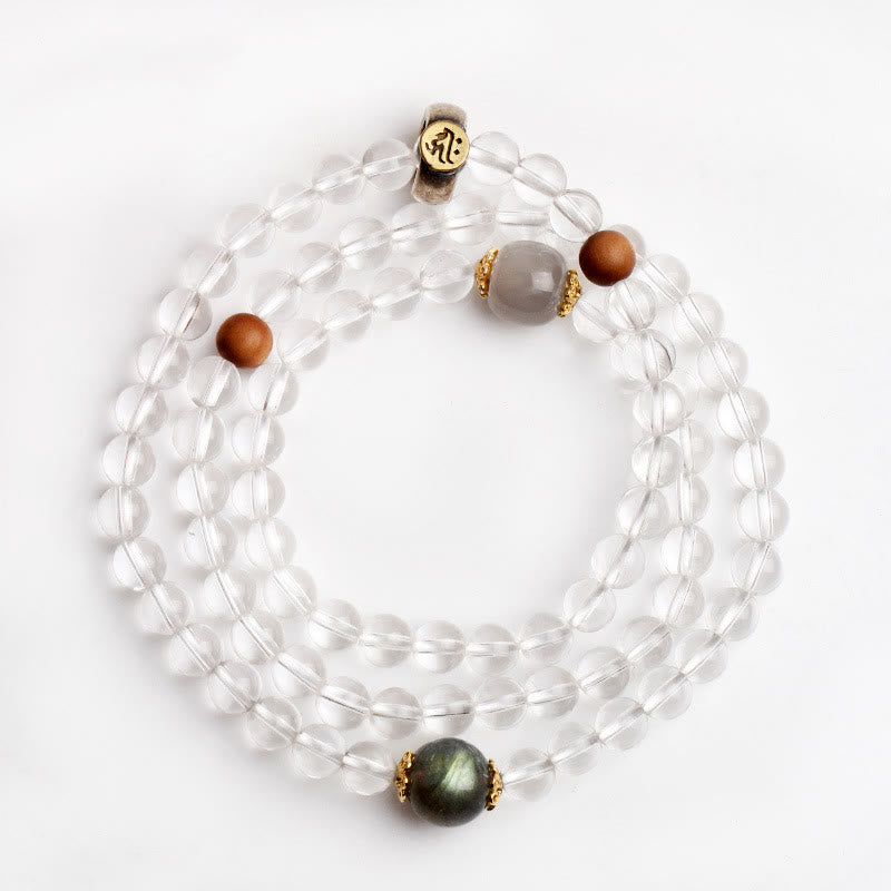 Wear FengShui 925 Sterling Silver Chinese Zodiac Natal Buddha White Crystal Meditation Triple Wrap Bracelet