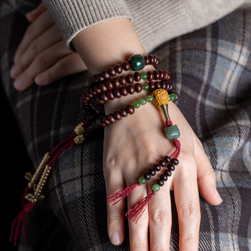 Wear FengShui Natural Tibet 108 Mala Beads Purple Bodhi Seed Hetian Cyan Jade Copper Dorje Peace Bracelet
