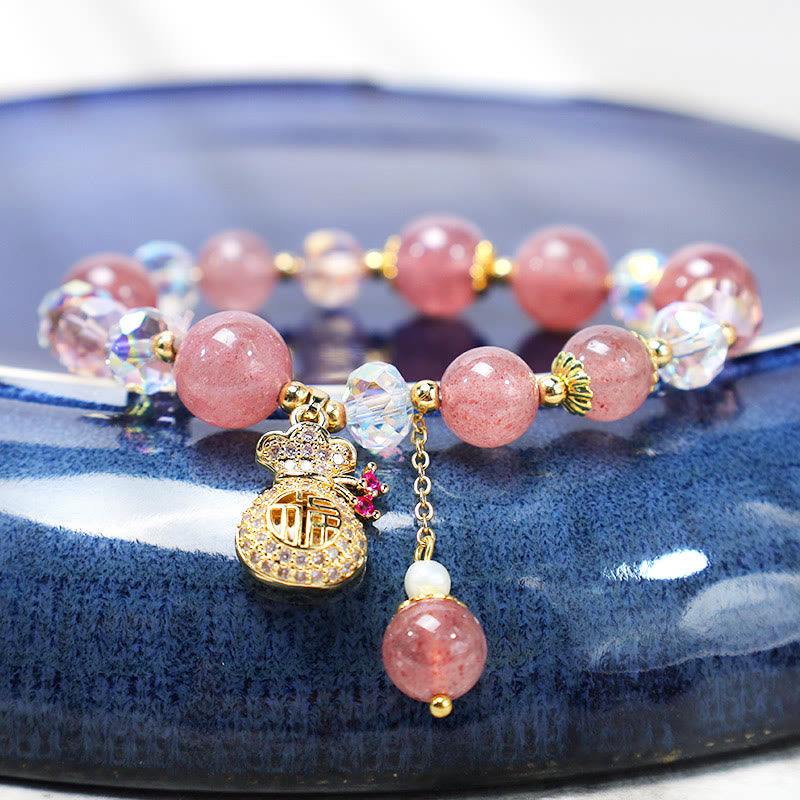 Wear FengShui Natural Strawberry Quartz Crystal Money Bag Charm Positive Bracelet