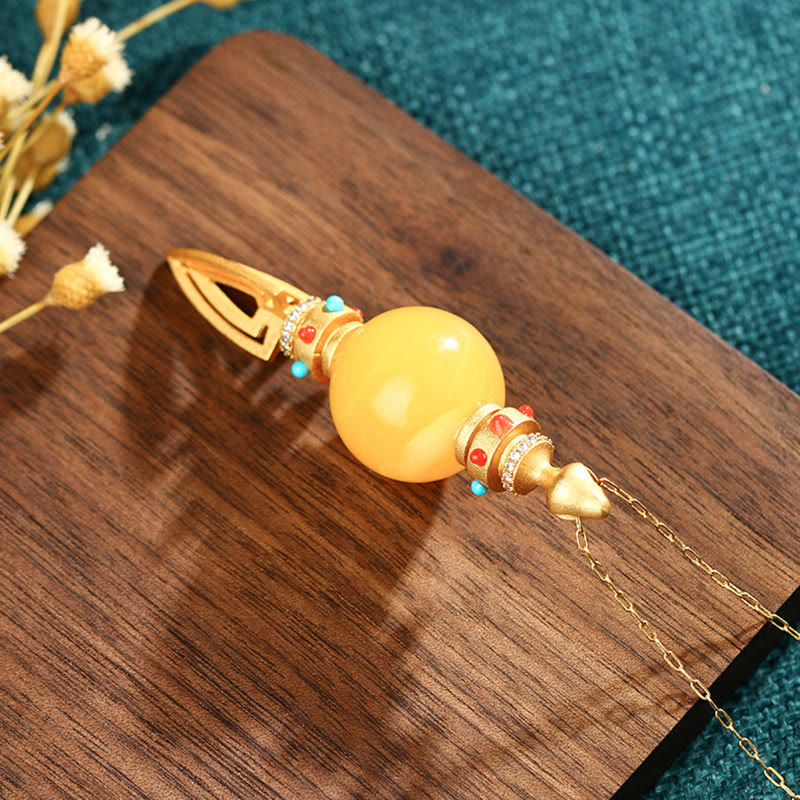 Wear FengShui 24K Gold Plated Amber Dorje Vajra Clear Anxiety Necklace Pendant