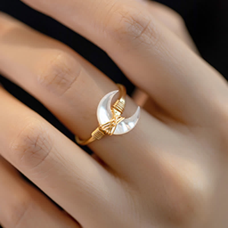 Wear FengShui Natural Tridacna Stone Moon 14K Gold Blessing Ring