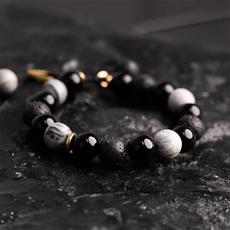 Wear FengShui Black Obsidian Lava Rock Stone Yin Yang Strength Bracelet