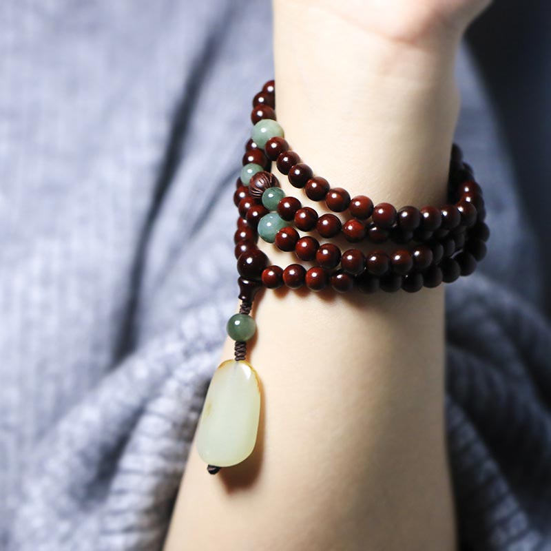 Wear FengShui Tibetan Small Leaf Red Sandalwood Jade Mala Meditation Bracelet