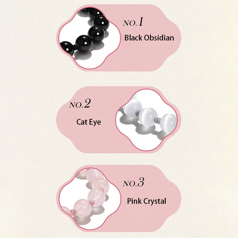 Wear FengShui Natural Black Obsidian Cat's Eye Pink Crystal PiXiu Strength Bracelet