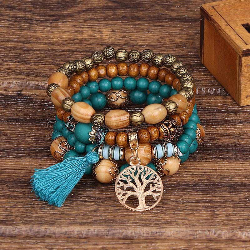 Wear FengShui Wenge Wood Layered Tree Tassel Healing Bracelet
