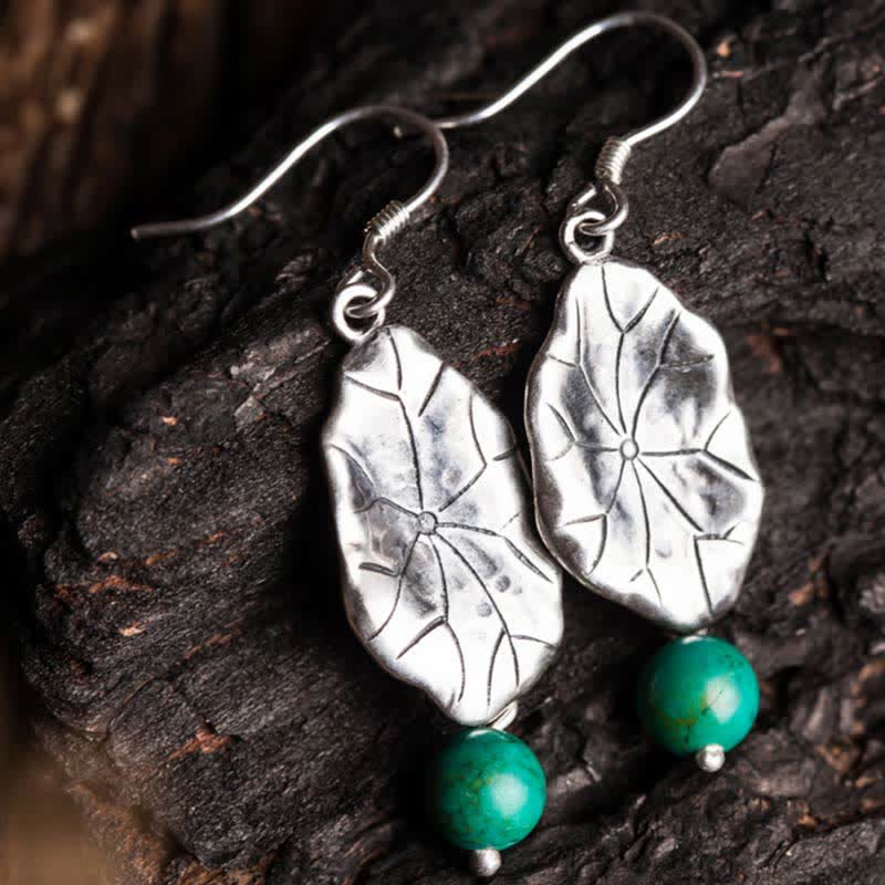 Wear FengShui 925 Sterling Silver Turquoise Lotus Leaf Protection Drop Dangle Earrings