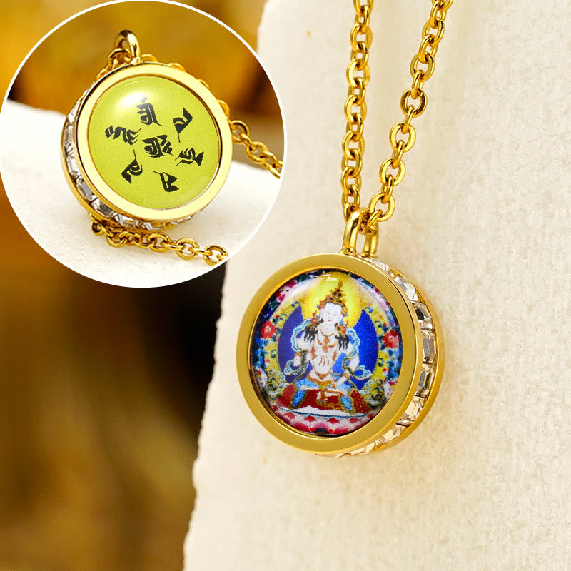 Wear FengShui Tibetan Yellow God Of Wealth Green Tara Buddha Serenity Titanium Steel Necklace Pendant