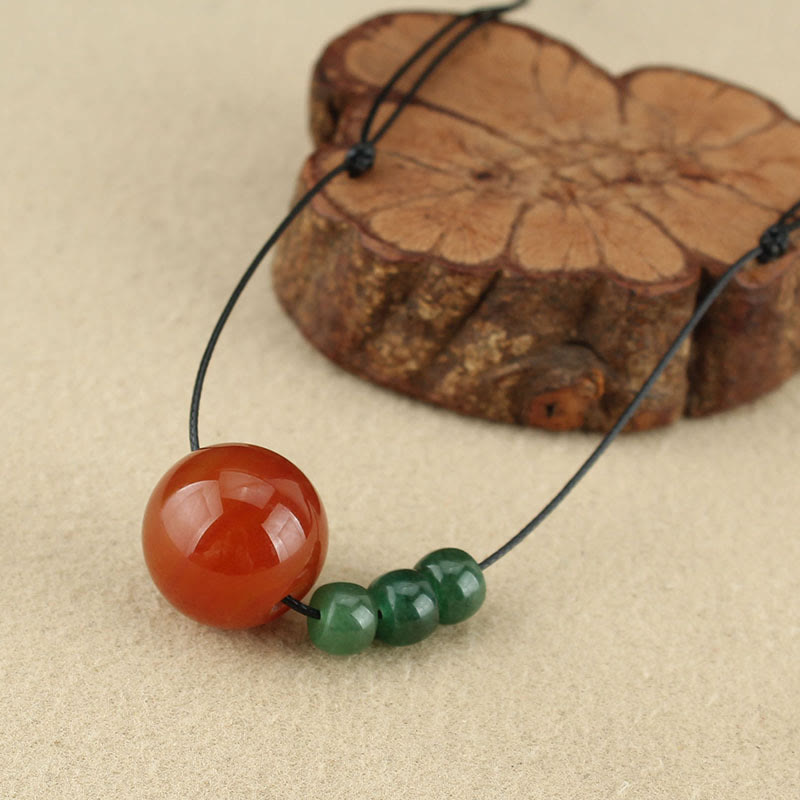 Wear FengShui Red Agate Green Aventurine Green Bodhi Seed Bead Calm Leather Rope Necklace Pendant