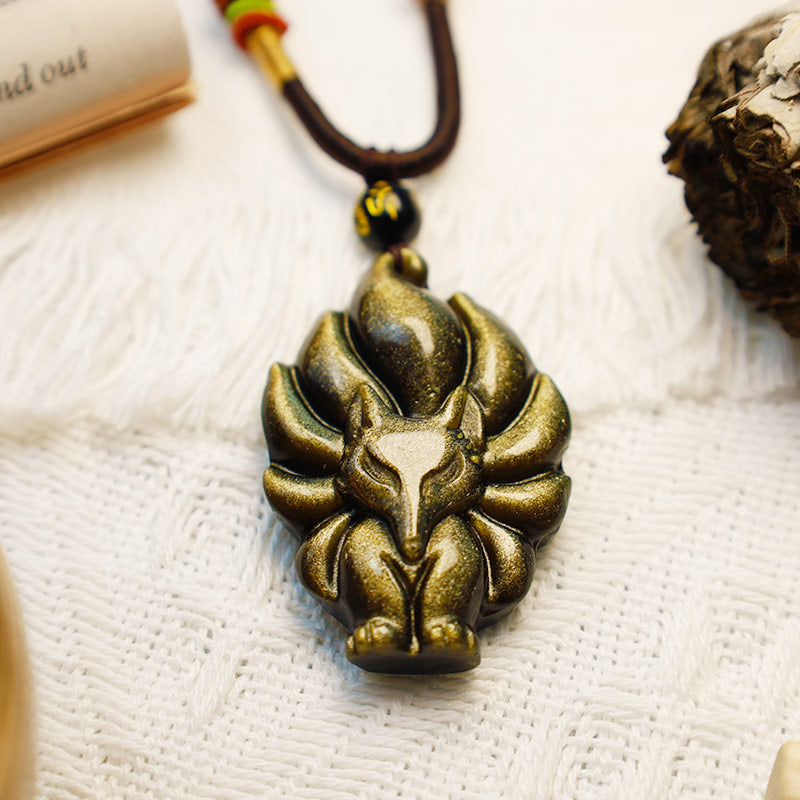 Wear FengShui Natural Rainbow Obsidian Gold Sheen Obsidian Nine Tailed Fox Positive Necklace Pendant